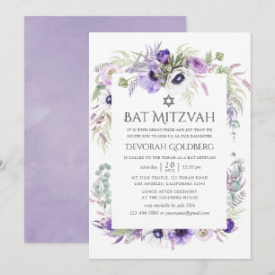 Invitation Aquarelle violet poussiéreuse Bat mitzvah floral