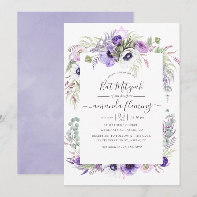Invitation Aquarelle violet poussiéreuse Bat mitzvah floral (Devant / Derrière)