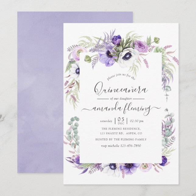 Invitation Aquarelle violet poussiéreuse Floral Quinceañera (Devant / Derrière)