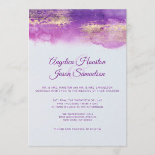 Invitation Aquarelle violet prune Mauve Mariage or