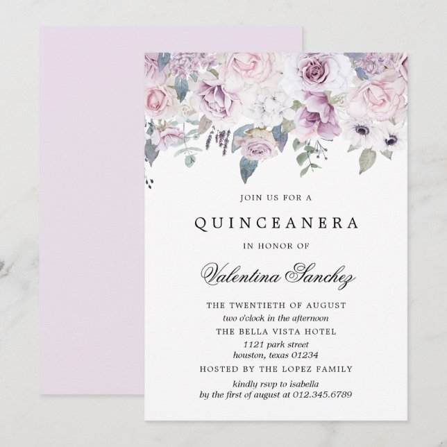 Invitation Aquarelle violet rose pâle de Quinceanera (Devant / Derrière)