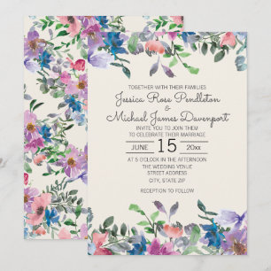 Invitation Aquarelle violet rose pâle Jardin Mariage floral