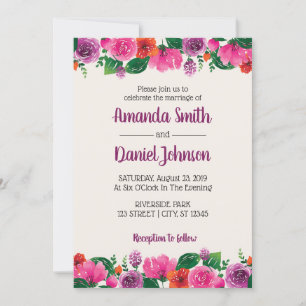 Invitation Aquarelle violet rose rouge Fleurs florales