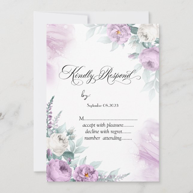 Invitation Aquarelle violet Roses Pois RSVP (Devant)
