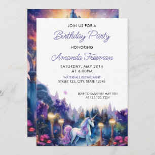 Invitation Aquarelle violet Unicorn Girly 6e anniversaire