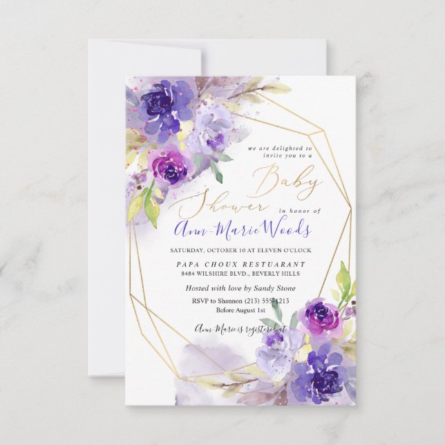 Invitation Aquarelle violet violet Baby shower des pivoines (Devant)