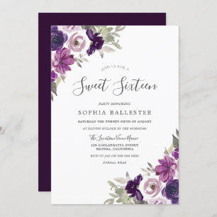 Invitation Aquarelle violet violet Fleurs Douce 16 Partie