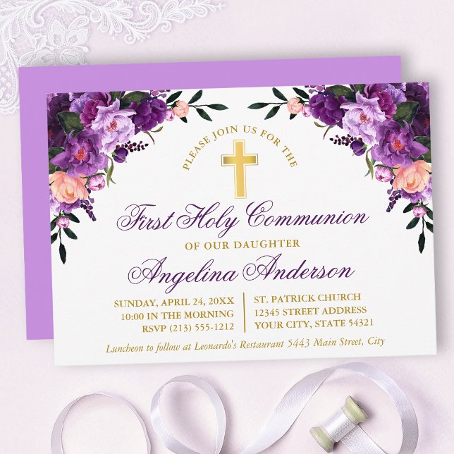 Invitation Aquarelle Violet Violet Floral Communion Or (Customize to change text color, size, style or to change color of back of card.)