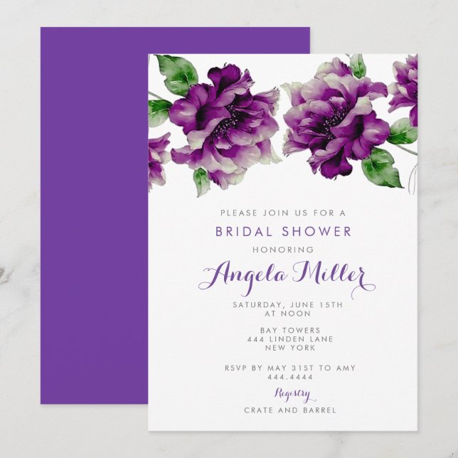 Invitation Aquarelle violette (Devant / Derrière)