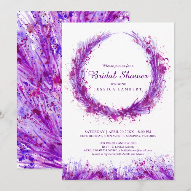 Invitation Aquarelle violette art splat nuptiale douche invit (Devant / Derrière)
