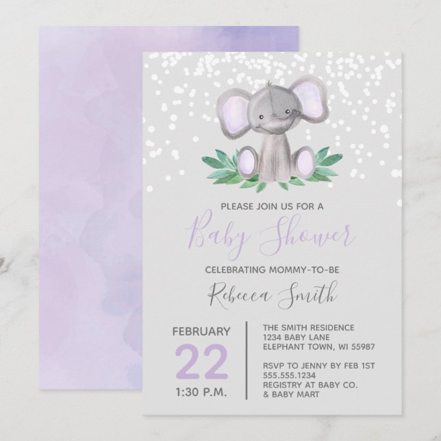 Invitation Aquarelle violette Baby shower éléphant (Devant / Derrière)