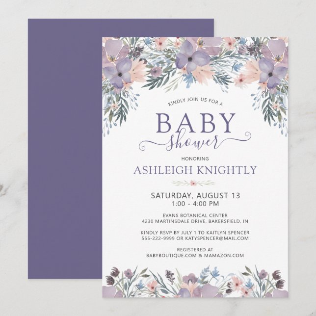 Invitation Aquarelle violette Baby shower Floral (Devant / Derrière)