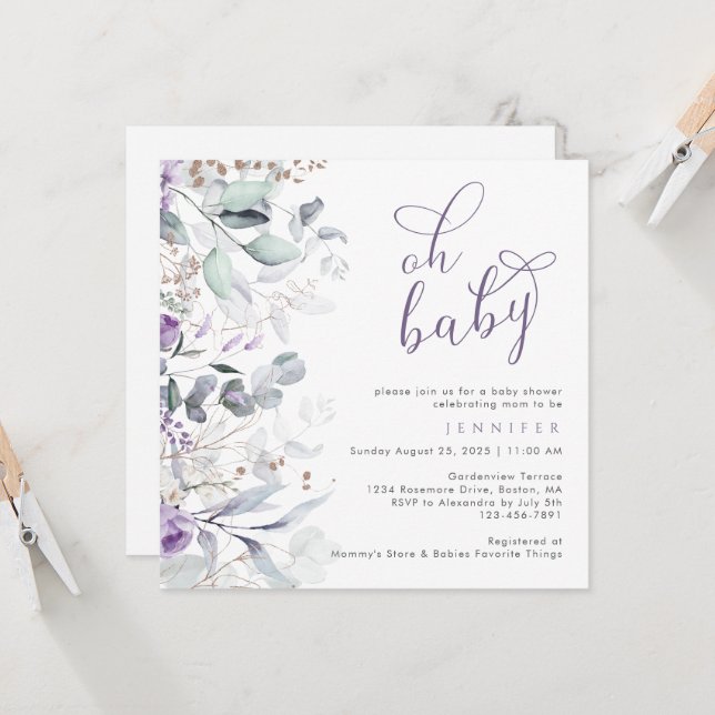 Invitation Aquarelle violette Baby shower Oh (Devant/Arrière en situation)