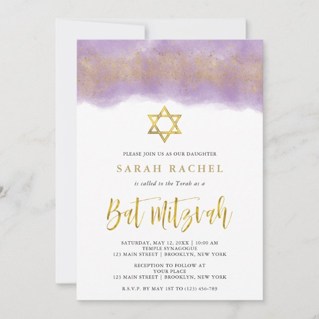 Invitation Aquarelle violette | Bat mitzvah de Parties scinti (Devant)