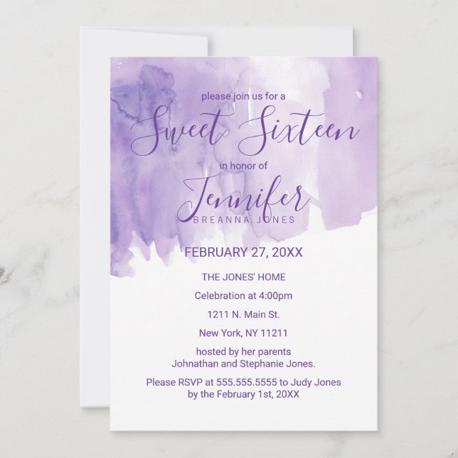 Invitation Aquarelle violette de couleur violette 16 (Devant)