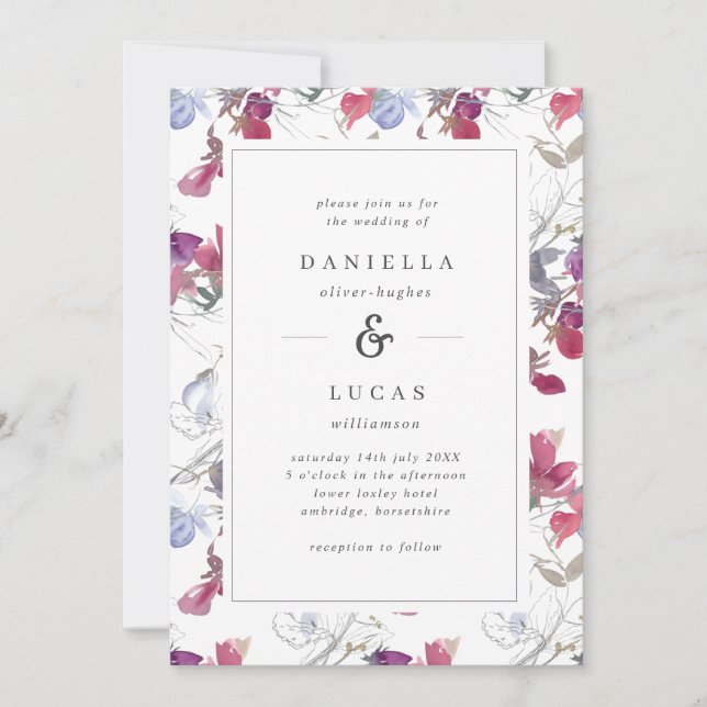 Invitation Aquarelle violette et Lilac Pois doux Mariage flor (Devant)