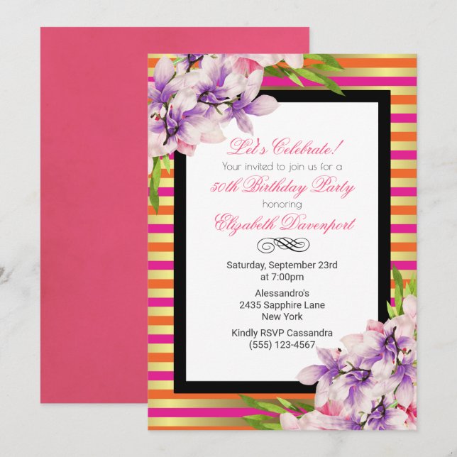 Invitation Aquarelle violette et rose Magnolia Anniversaire (Devant / Derrière)