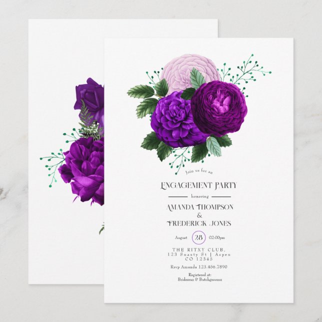 Invitation Aquarelle violette et verte Fête d'engagement Flor (Devant / Derrière)
