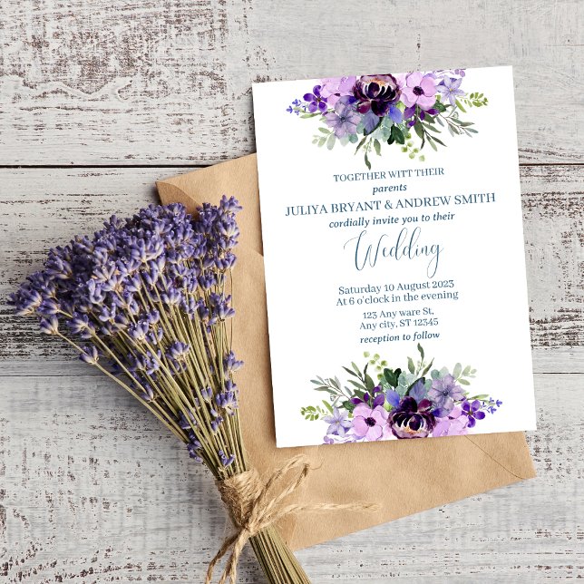 Invitation Aquarelle violette et verte mariage floral (Créateur téléchargé)