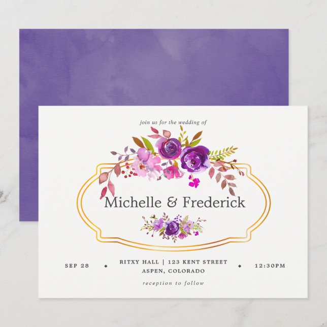 Invitation Aquarelle violette et violet Mariage floral Invite (Devant / Derrière)