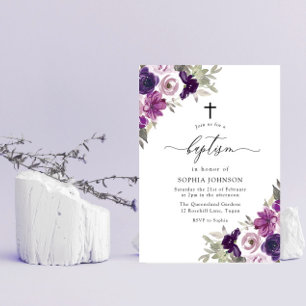 Invitation Aquarelle violette Fleurs Baptême