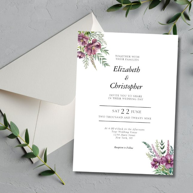 Invitation Aquarelle violette Floral Élégant Mariage moderne (Purple Floral Watercolor Modern Elegant Wedding Invitation)