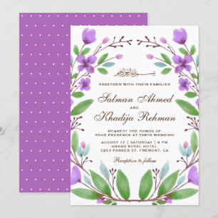 Invitation Aquarelle violette Floral Wreath Mariage islamique