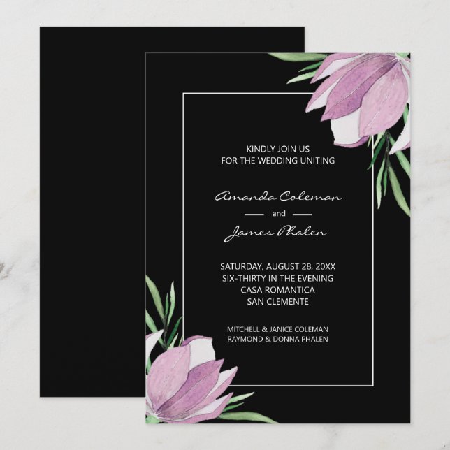 Invitation Aquarelle violette Florale Mariage noir (Devant / Derrière)