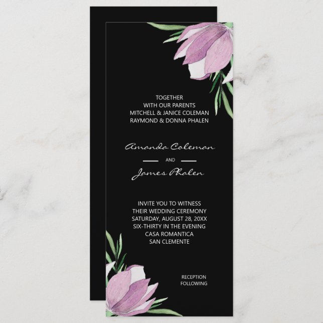 Invitation Aquarelle violette Florale Mariage noir (Devant / Derrière)