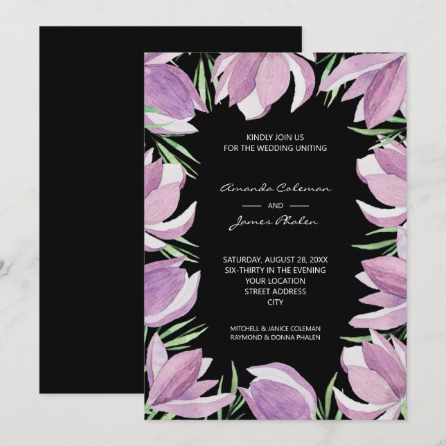 Invitation Aquarelle violette Florale Mariage noir (Devant / Derrière)