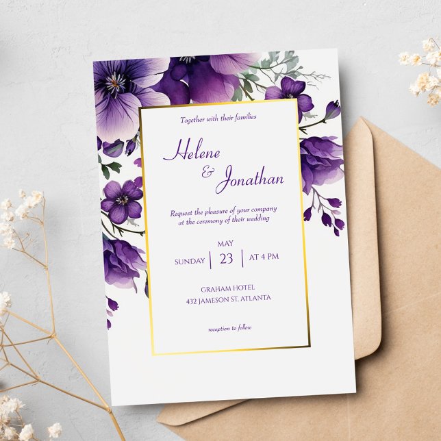 Invitation Aquarelle violette Jardin floral élégant Mariage (Purple Watercolor Floral Garden Elegant Wedding Invitation)