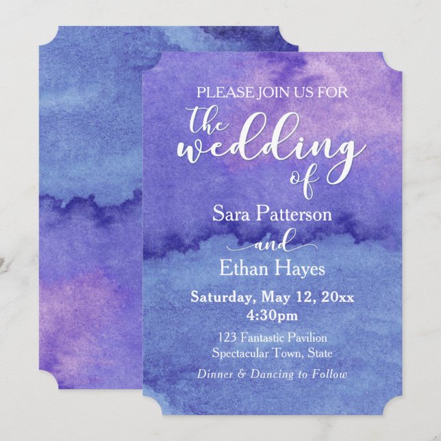 Invitation Aquarelle violette "Le Mariage De" Typographie (Devant / Derrière)