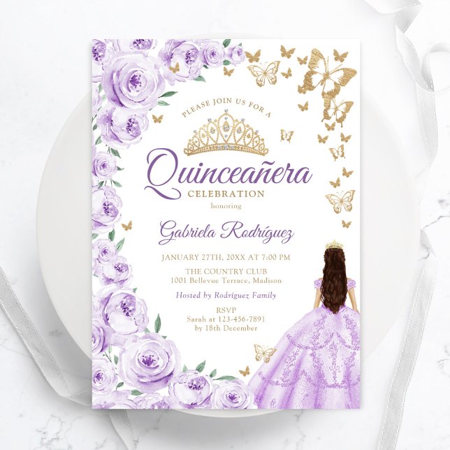 Invitation Aquarelle violette Lilac Quinceanera Or Floral (Créateur téléchargé)