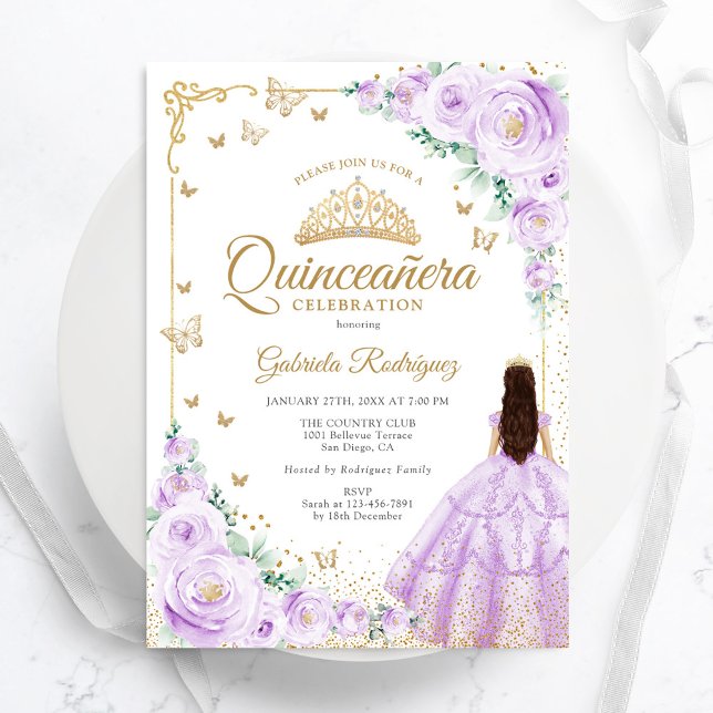 Invitation Aquarelle violette Lilac Roses or Quinceanera (Créateur téléchargé)