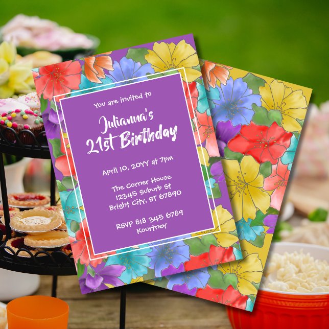 Invitation Aquarelle violette moderne Floral 21e anniversaire (Créateur téléchargé)