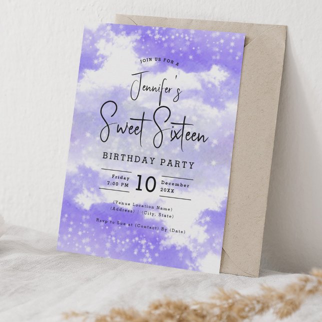 Invitation Aquarelle violette Nuages doux 16 Partie (Purple Watercolor Clouds Sweet 16 Party Invitation)