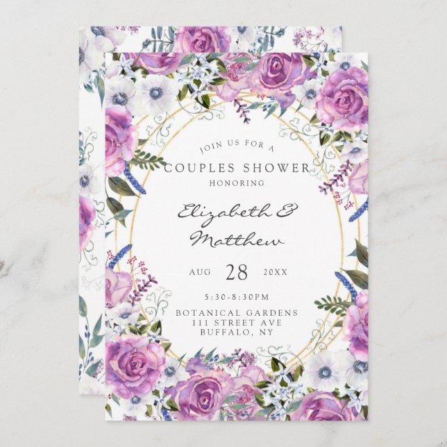 Invitation Aquarelle violette Peony Gold Couples Douche (Devant / Derrière)