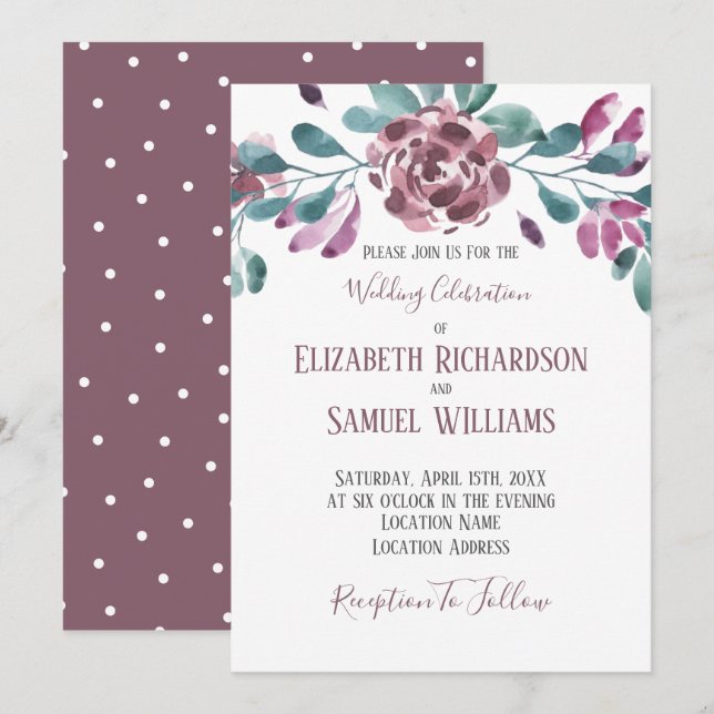 Invitation Aquarelle violette Peony Polka point retour (Devant / Derrière)