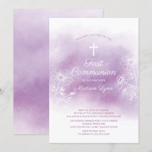 Invitation Aquarelle violette Première communion sainte