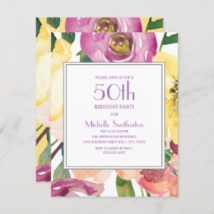 Invitation Aquarelle violette rose jaune 50e anniversaire