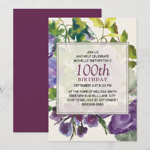 Invitation Aquarelle violette Vins floraux 100e anniversaire