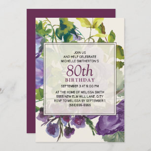 Invitation Aquarelle violette Vins floraux 80e anniversaire