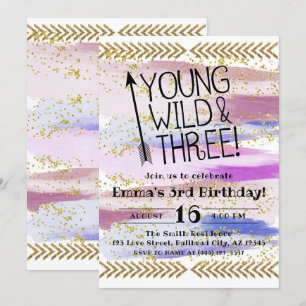 Invitation Aquarelle violette Young Wild & Three 3e anniversa