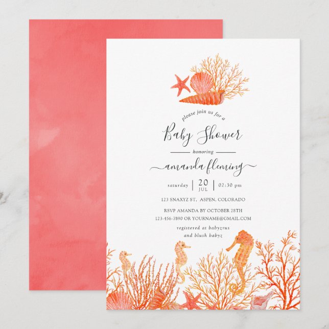 Invitation Aquarelle Vivant Corail sous le Baby shower marin (Devant / Derrière)