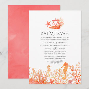 Invitation Aquarelle Vivant Corail sous le Bat mitzvah de la 