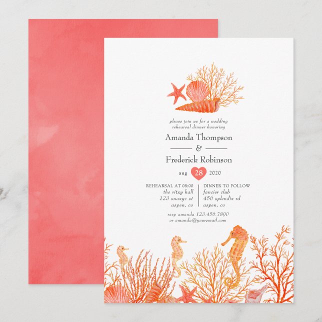 Invitation Aquarelle Vivante Coral Beach Dîner de répétition (Devant / Derrière)