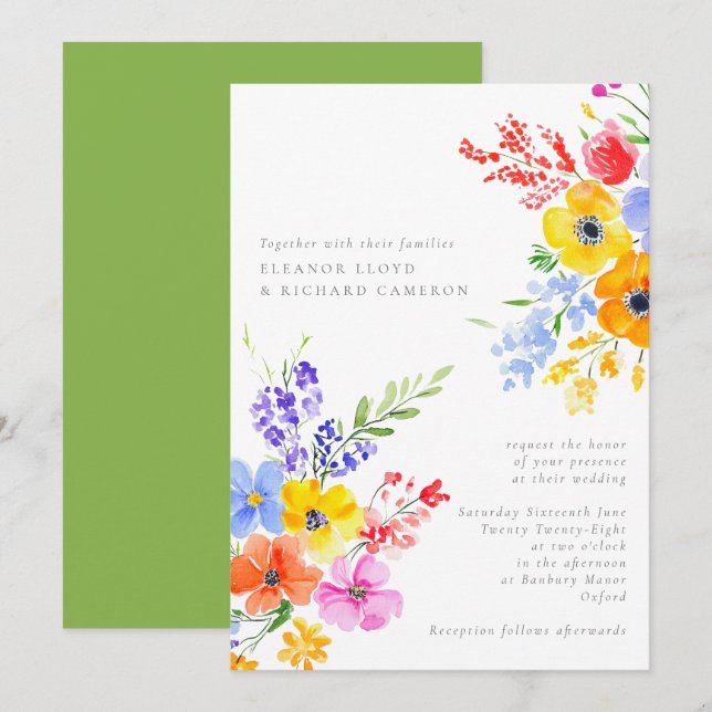 Invitation Aquarelle vive et gras Mariage floral (Devant / Derrière)