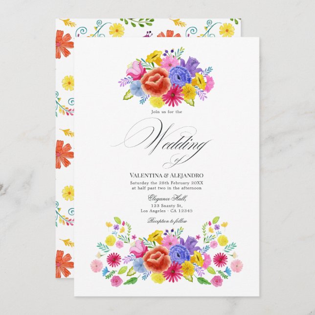 Invitation Aquarelle vive Floral Fiesta Design Mariage (Devant / Derrière)
