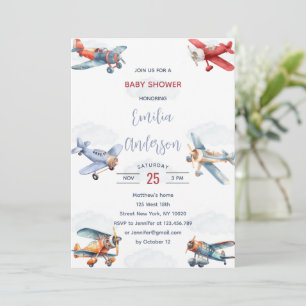 Invitation Aquarelle Voyage avion nuages Baby shower