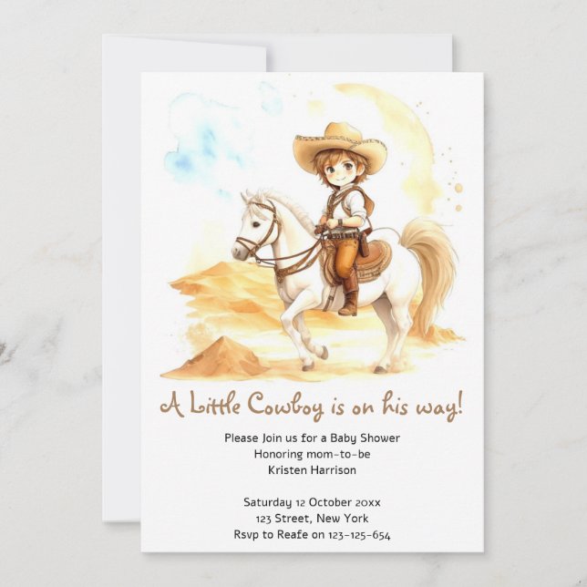 Invitation Aquarelle Western Cowboy Baby shower (Devant)